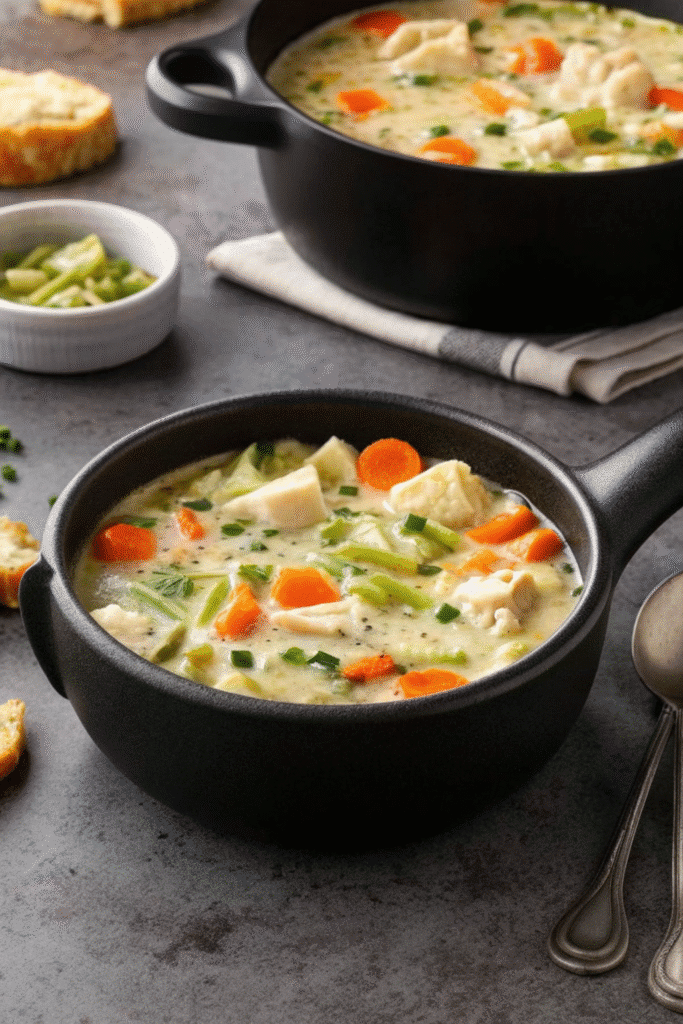 Homemade Creamy Turkey Dinner Soup served hot with vegetables and herbs in a creamy base