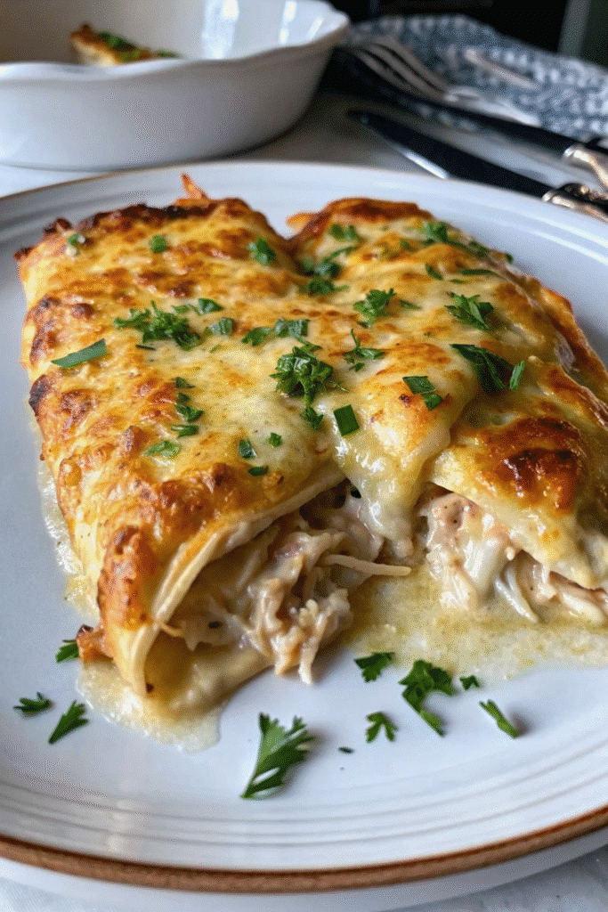 Rolled White Chicken Enchiladas covered in white sauce and golden melted cheese served fresh from the oven.