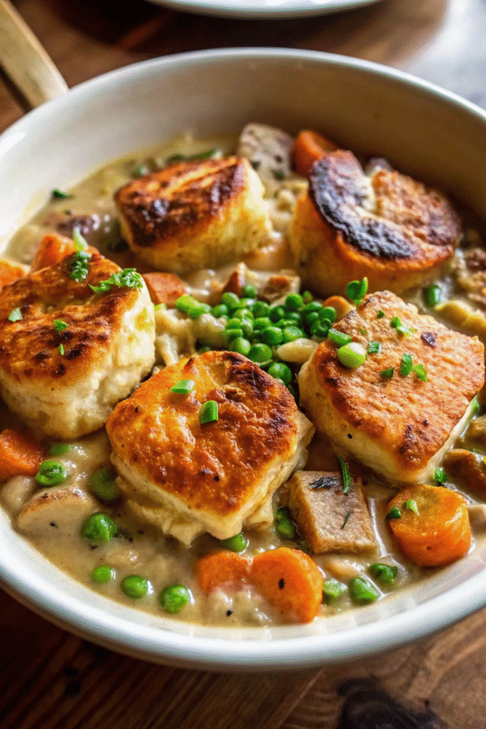 Hearty Chicken Pot Pie Soup with vegetables and baked pie crust pieces on top.