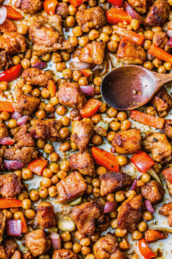 Sheet pan chicken shawarma with seasoned chicken slices and roasted vegetables arranged on a baking tray.