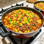 One Pot Epic Shipwreck Dinner featuring layers of ground beef, potatoes, cabbage, carrots, and tomatoes simmered in a hearty tomato-based sauce.