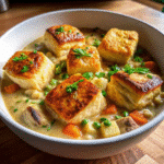 Creamy Chicken Pot Pie Soup topped with golden pie crust squares served in a bowl.