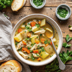 Bowl of Nourishing Chicken Stew filled with shredded chicken, potatoes, carrots, celery, and herbs in a thick, comforting broth.