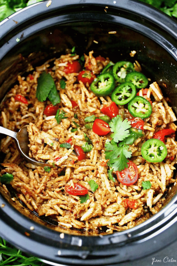 Juicy shredded chicken coated in salsa inside a crock pot, garnished and ready to serve.