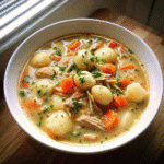 Creamy Crockpot Chicken Gnocchi Soup in a white bowl with tender chicken, soft gnocchi, and vegetables, garnished with Parmesan.