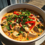 Bowl of Thai Chicken Soup with tender chicken, red bell peppers, mushrooms, and cilantro in a creamy coconut curry broth.