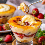 Mini Creme Brulee Trifles in glass cups layered with vanilla custard, shortbread cookies, raspberry jam, and caramelized sugar topping.