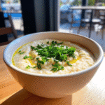 Creamy cauliflower soup served in a white bowl, garnished with shredded cheese and fresh herbs.