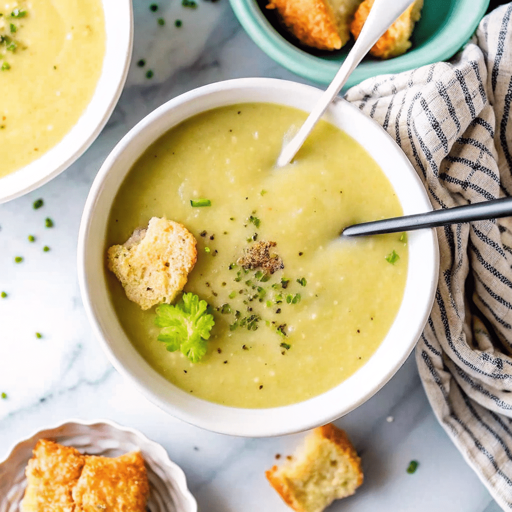 A bowl of creamy Winter Leek and Potato Soup garnished with fresh thyme, served with a rustic spoon on the side.