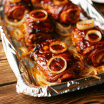 Juicy baked barbecue chicken thighs with caramelized onions in a baking dish, ready to serve.