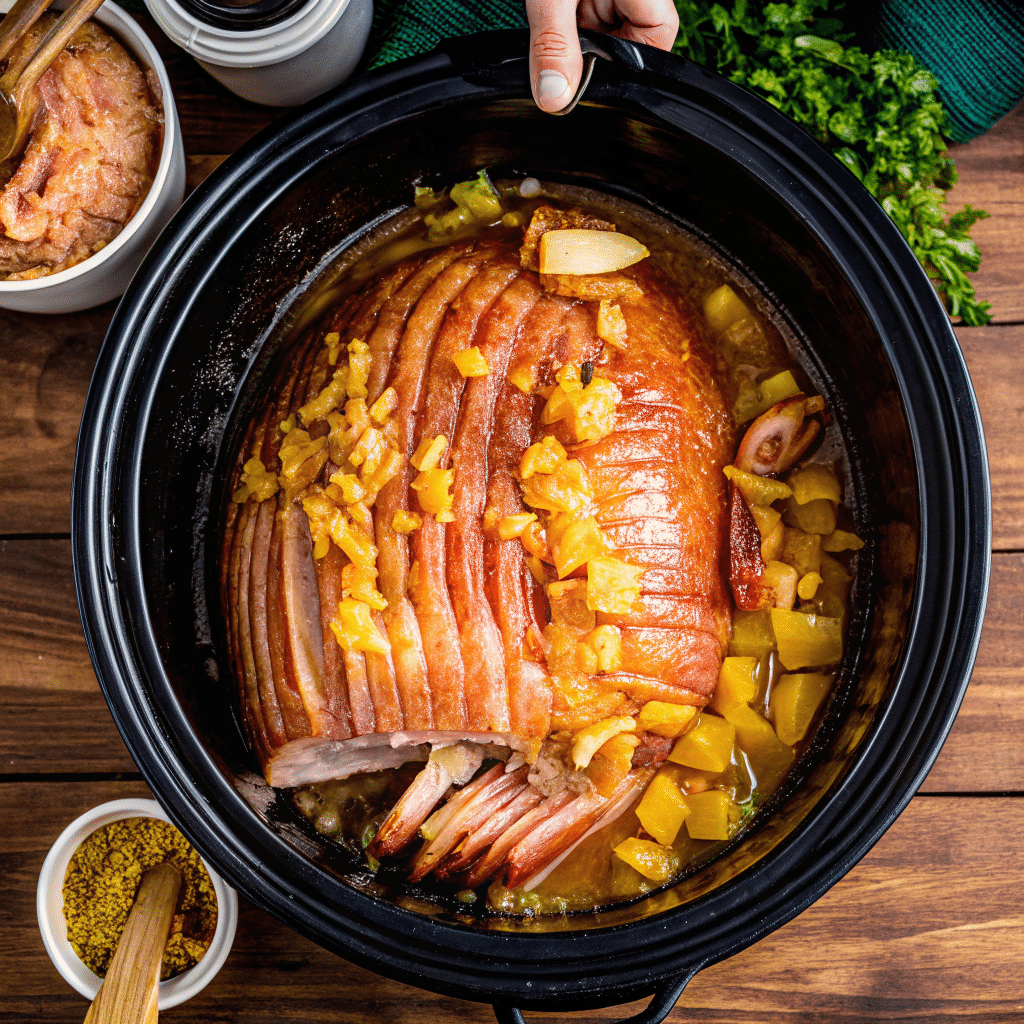 Slow-cooked brown sugar pineapple ham in a crock pot, garnished with pineapple slices and glazed to perfection.