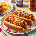 A plate of chili dogs with juicy beef hot dogs in soft buns, topped with rich homemade chili, shredded cheddar cheese, and chopped onions.