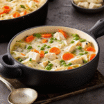 Bowl of Creamy Turkey Dinner Soup with shredded turkey, potatoes, carrots, celery, and peas in a rich creamy broth