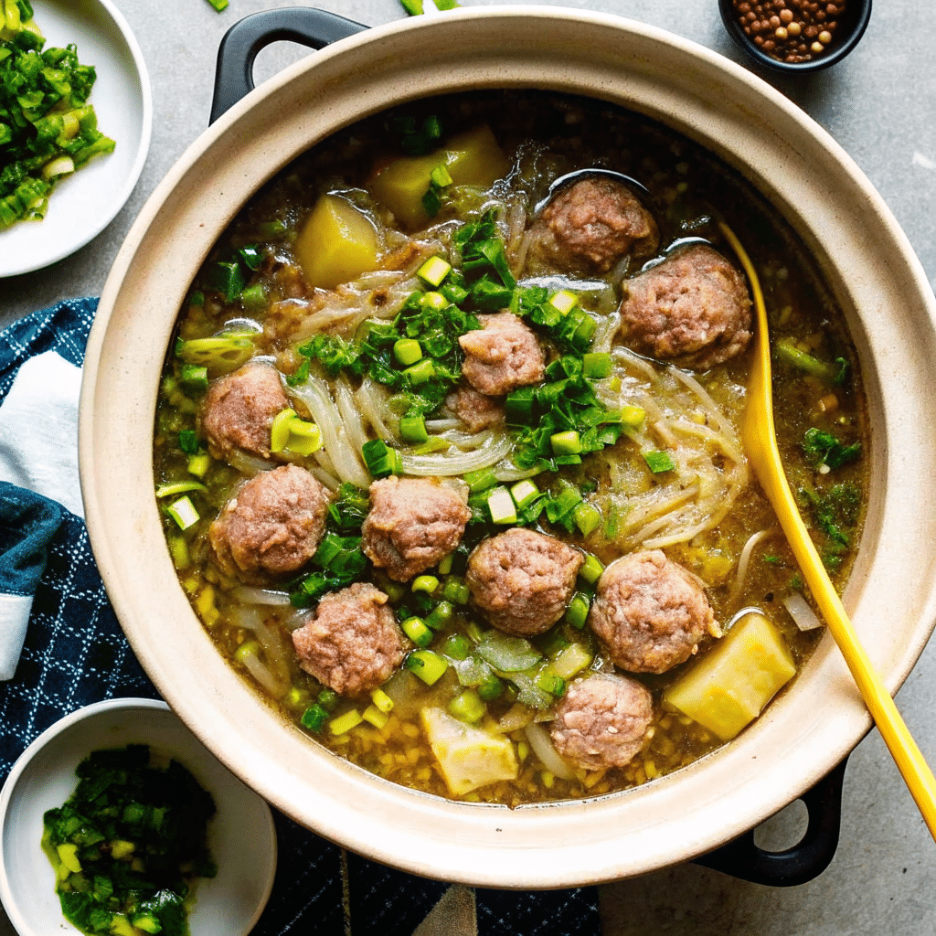 A bowl of Chinese Winter Melon Soup with Meatballs featuring tender winter melon cubes and pork meatballs in a clear broth, garnished with green onions and cilantro.