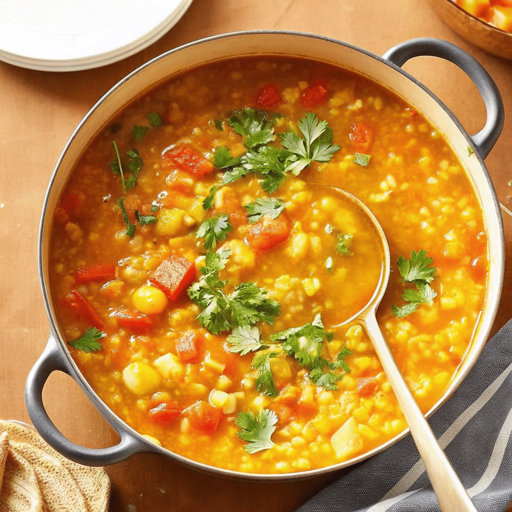Bowl of Vegetable Mulligatawny Soup with lentils, vegetables, and coconut milk, garnished with fresh cilantro