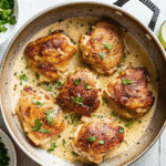 Cacio E Pepe Chicken Thighs cooked in a creamy Pecorino Romano and black pepper sauce in a skillet