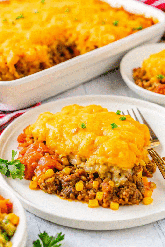 Baked Sloppy Joe Tater Tot Casserole in a casserole dish, showing bubbling cheesy beef mixture topped with crispy tater tots.