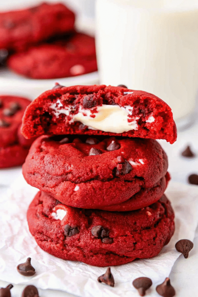 Close-up of Red Velvet Cream Cheese Cookies on a wire rack, highlighting the vibrant red color and gooey cream cheese filling.