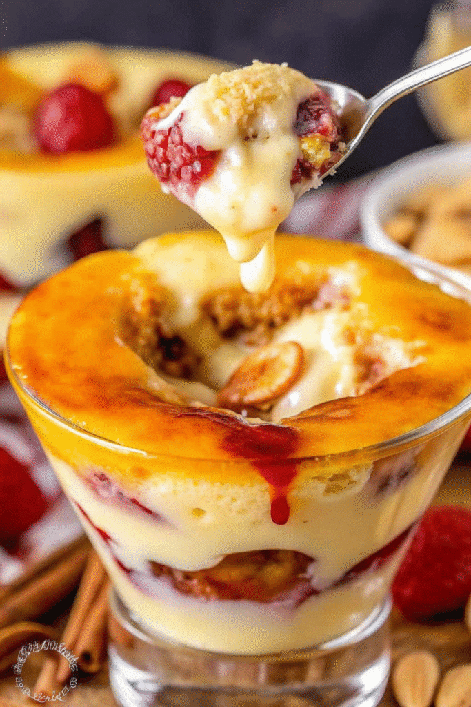 Close-up of Mini Creme Brulee Trifles showing smooth custard, crunchy shortbread layers, raspberry jam, and golden brûléed sugar.