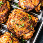 Crispy golden-brown chicken thighs cooked in an air fryer, seasoned with paprika, garlic, and oregano.