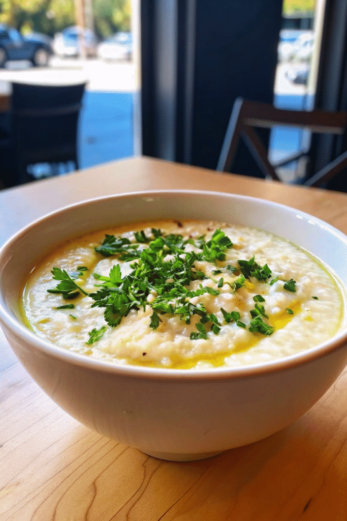 Smooth homemade cauliflower soup with a touch of cream and olive oil, ready to serve.