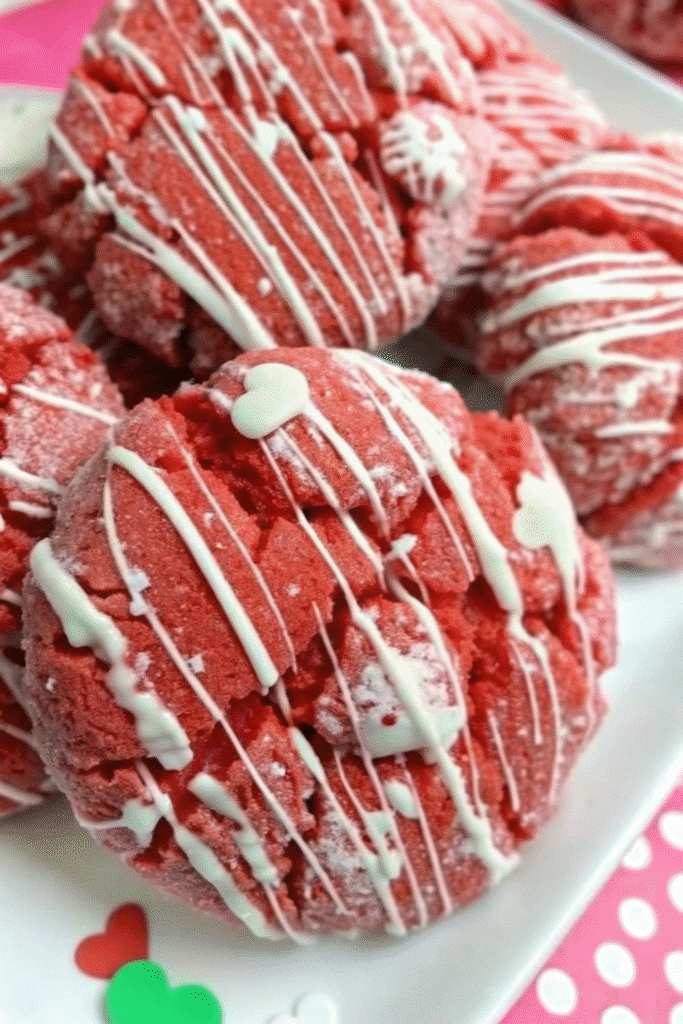 Close-up of Valentine day white chocolate crinkle cookies with cracked powdered sugar tops