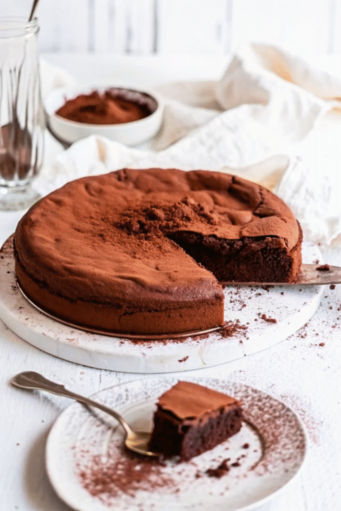 6 Ingredient Flourless Chocolate Cake with a glossy chocolate surface, baked to perfection.
