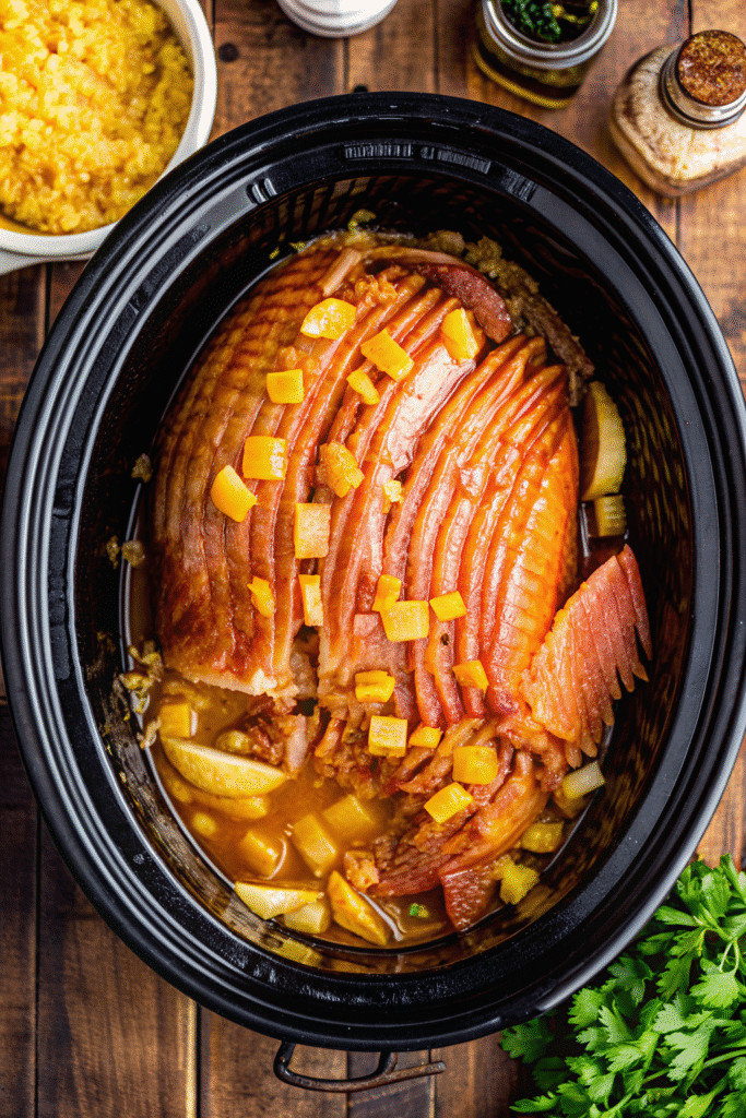 Glazed bone-in ham topped with brown sugar and pineapple slices, cooked in a crock pot.