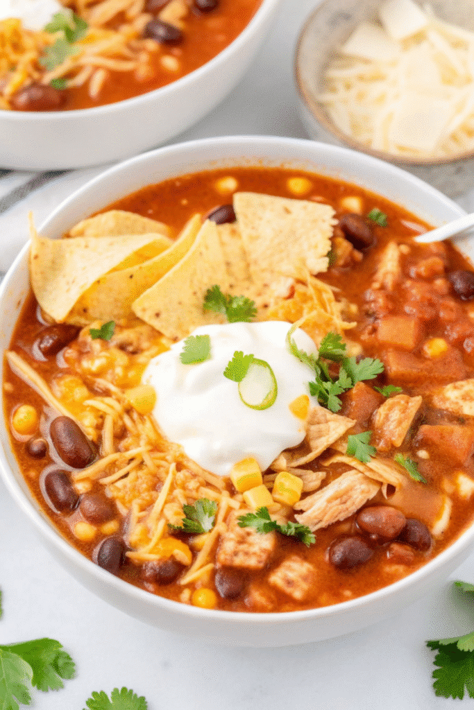 Close-up of 7 Can Chicken Taco Soup in a bowl, showing beans, chicken, corn, and tomato chunks with melted cheese and sour cream on top.