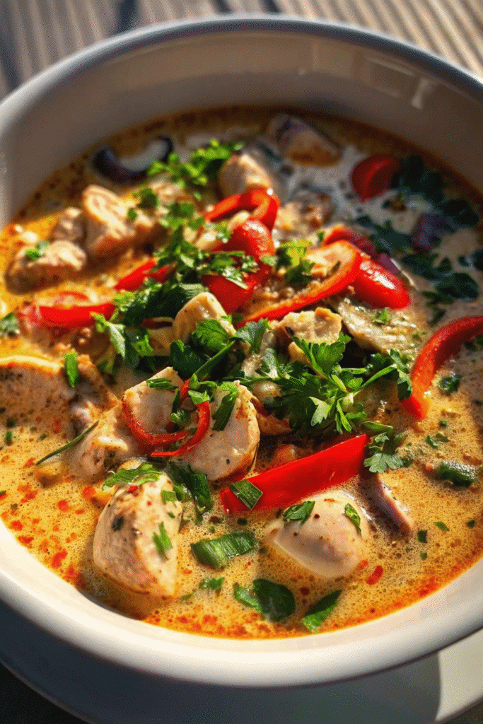 Thai Chicken Soup served in a white bowl, garnished with green onions and cilantro, showcasing rich, creamy broth and colorful vegetables.