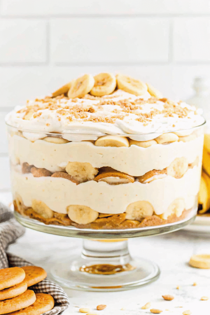 Magnolia Bakery Banana Pudding Recipe 3 Close-up of Magnolia Bakery Banana Pudding with whipped cream topping and crushed wafer garnish in a serving bowl.
