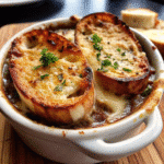 Bowl of French Onion Soup with caramelized onions, toasted baguette slices, and melted Gruyere cheese on top.