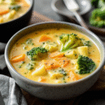 Creamy Crock Pot Broccoli Cheddar Potato soup in a bowl, topped with melted cheddar and garnished with fresh broccoli.