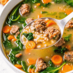 A steaming bowl of Italian Wedding Soup with tender meatballs, Acini De Pepe pasta, fresh spinach, and a sprinkle of Parmesan cheese.