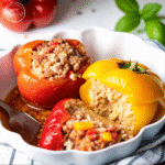 Colorful slow cooker stuffed peppers filled with ground beef, rice, diced tomatoes, and topped with melted cheddar cheese.