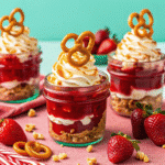 Layered Strawberry Pretzel Salad in a Jar with whipped cream, strawberry filling, and crushed pretzels