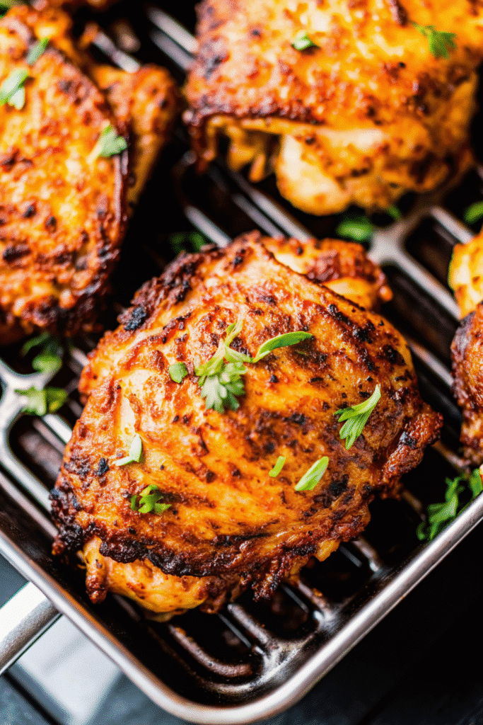 Juicy bone-in chicken thighs with crispy skin fresh from the air fryer, garnished and served on a plate.