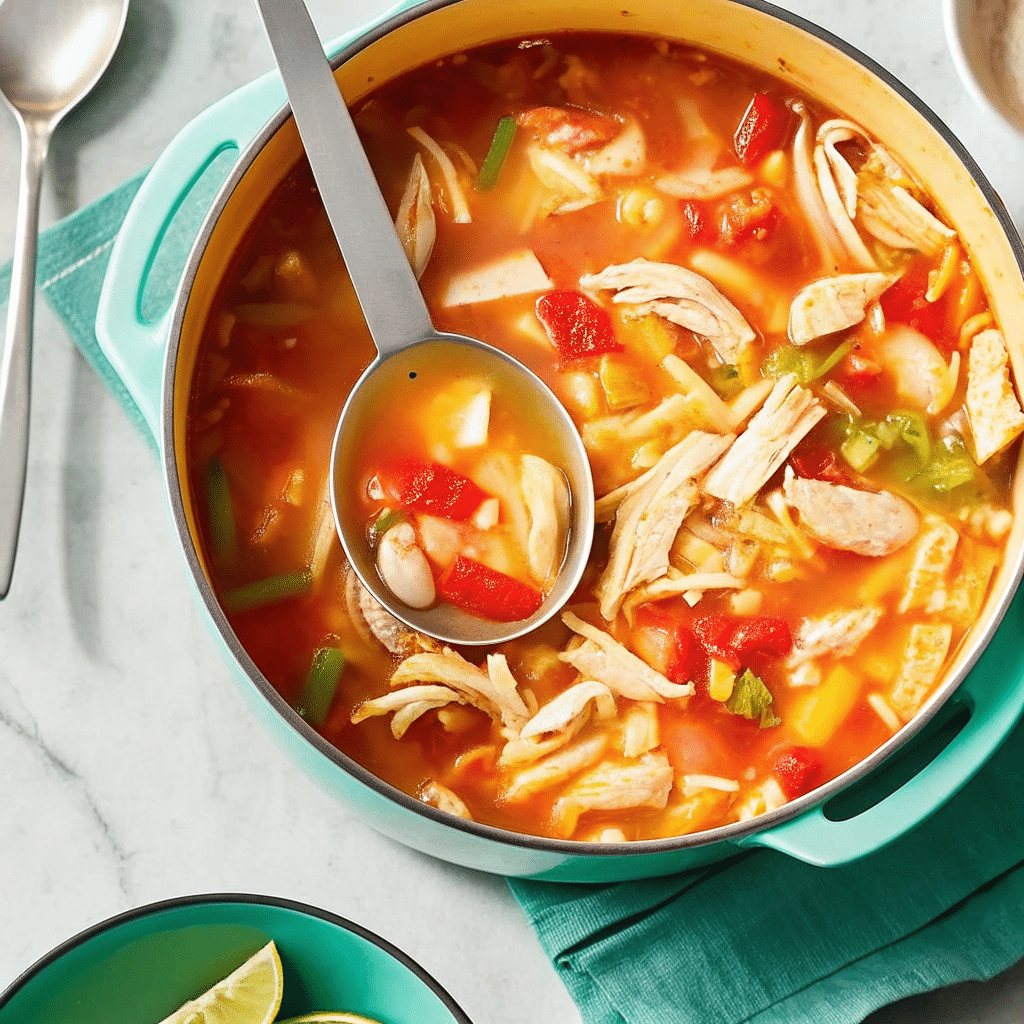 Bowl of 30 Minute Chicken Soup with shredded chicken, egg noodles, carrots, celery, and fresh parsley on top.