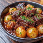 Slow Cooker Garlic Butter Beef with Potatoes served on a white platter, garnished with fresh parsley
