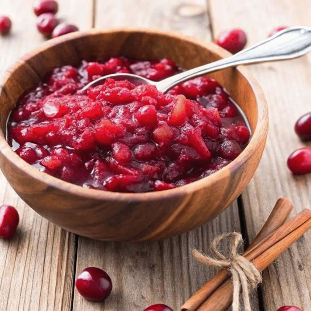 A bowl of vibrant cranberry clementine sauce with fresh cranberries and clementine zest on top.