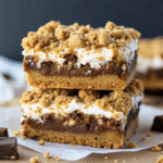 Gooey S’mores Bars with melted chocolate and toasted marshmallows on a golden graham cracker crust