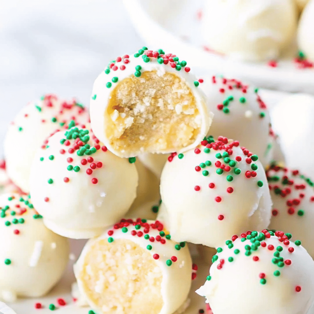 Close-up of homemade White Christmas Truffles rolled in desiccated coconut and festive sprinkles.