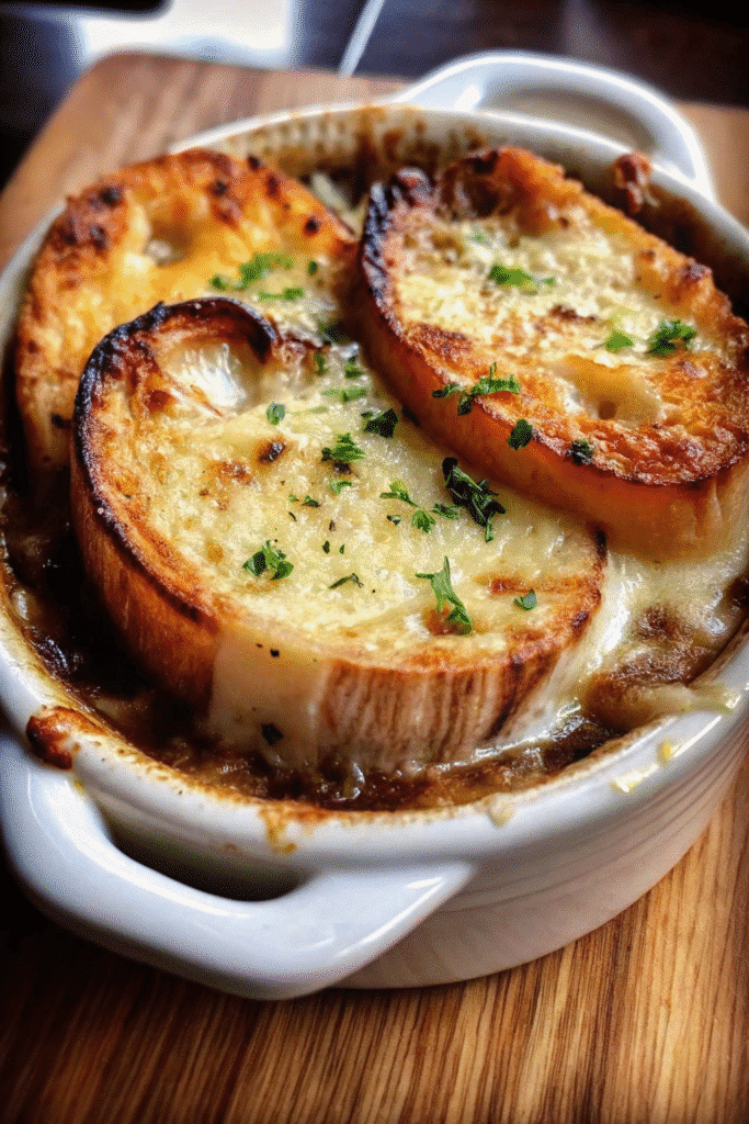 Close-up of homemade French Onion Soup with rich beef broth, caramelized onions, and bubbling melted cheese.