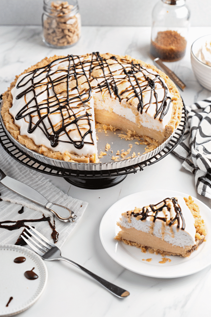 Whole No Bake Peanut Butter Pie with smooth peanut butter filling and light whipped cream layer in a pie dish