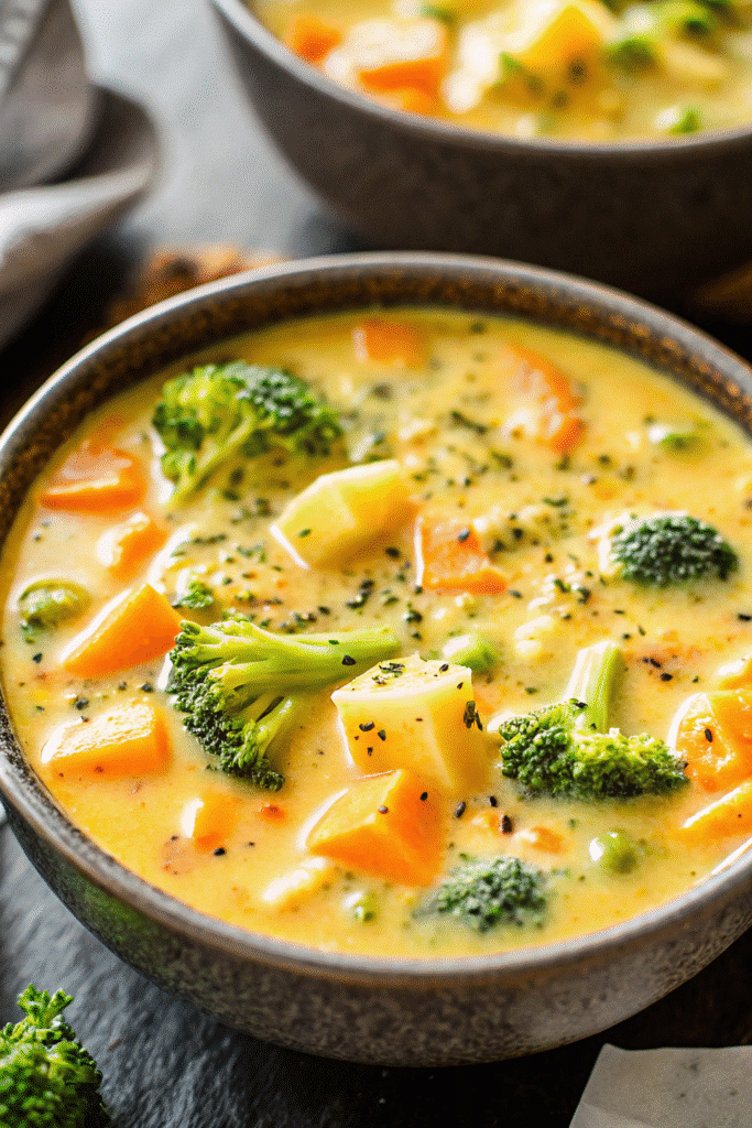 Delicious Crock Pot Broccoli Cheddar Potato Recipe 3 Hearty Crock Pot Broccoli Cheddar Potato soup with tender hash browns, broccoli, and melted cheddar in a rustic bowl.