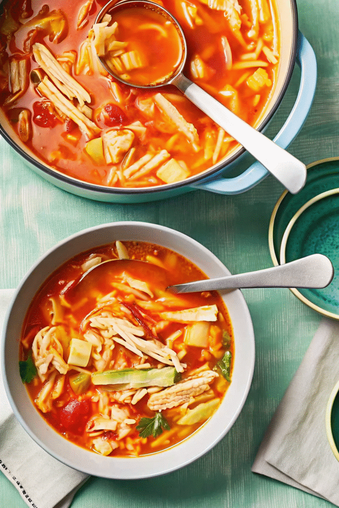 Hearty 30 Minute Chicken Soup served in a white bowl, showcasing colorful vegetables and tender chicken in a savory broth.