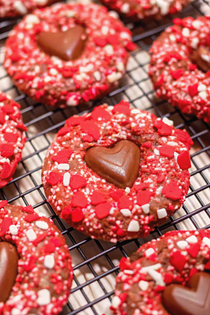 A plate of Chocolate Valentine Day Cookies with Sprinkles stacked and ready to serve, highlighting the rich chocolate and colorful toppings.