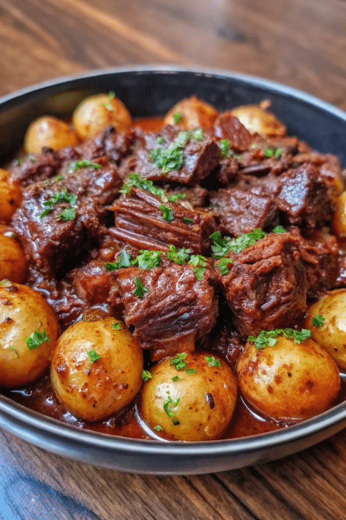 Tender chunks of beef and halved potatoes in a garlic butter sauce fresh from the slow cooker