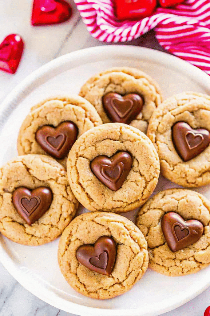 Close-up of freshly baked Peanut Butter Valentine Day Cookies with heart-shaped candies on a cooling rack.