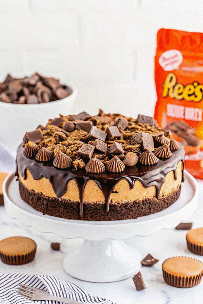 Slice of Reese Cheesecake showing creamy peanut butter cheesecake over brownie crust with chocolate ganache and Reese’s cup pieces